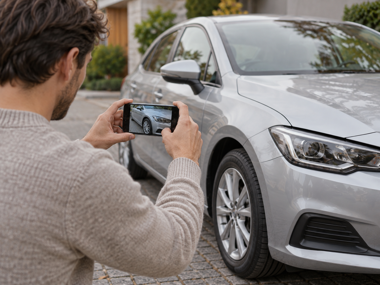 Illustrative scene of a customer photographing a car during handover