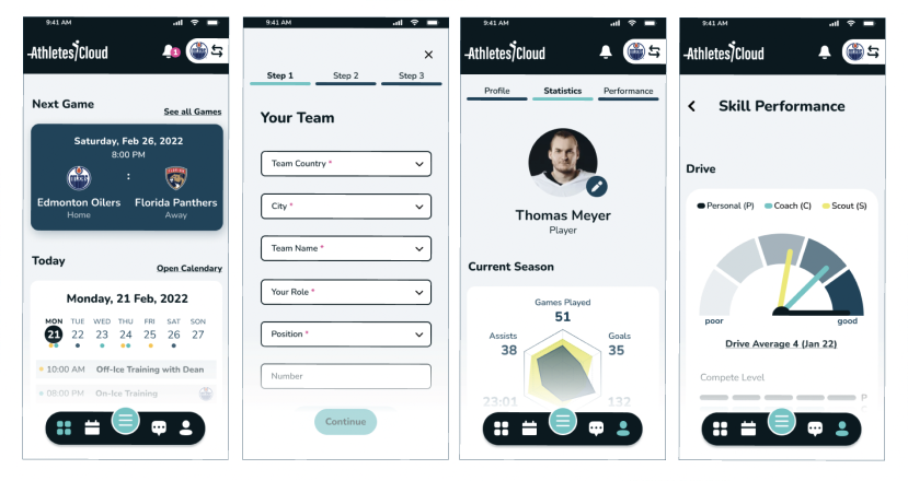 Final high-fidelity UI designs for Athletes'Cloud mobile app interface