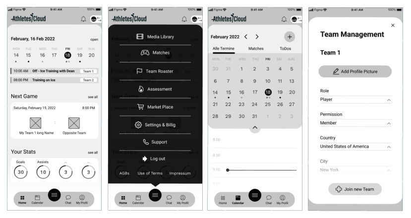Wireframes showing dashboard layout, navigation structure, and key feature placement